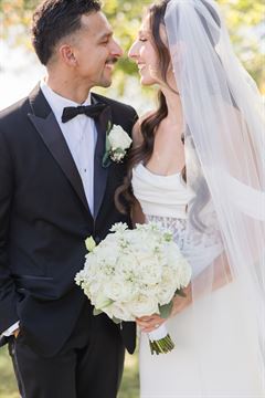 White Roses & White Lisanthus Bridal Bouquet - Round Clutch Style
