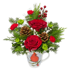 Christmas flowers with roses, buttons, pines and carnations for Christmas flowers delivery.