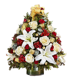 Christmas flowers with lilies, roses, carnations and pines for Christmas flowers delivery.