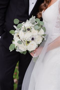 White Rose & Dusty Miller Bridal Bouquet - Round Clutch Style