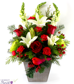 Red Cardinal w/White Lilies  includes red roses, white lilies and snapdragons, pine in a wooden cube