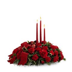 Christmas centerpiece with carnations and pine greenery for Christmas flowers delivery.