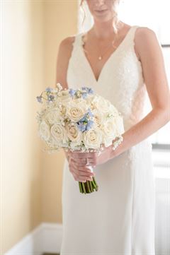 Baby Blue Delphinium & Roses Bridal Bouquet - Round Clutch Style