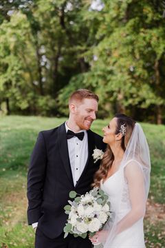 White Rose & Dusty Miller Bridal Bouquet - Round Clutch Style