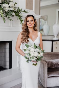 White Rose & Dusty Miller Bridal Bouquet - Round Clutch Style