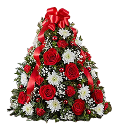 Christmas flowers with roses, cushions, carnations and pine for Christmas flowers delivery.