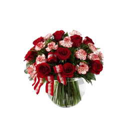 Christmas flowers with red roses, carnations and greenery for Christmas flowers delivery.