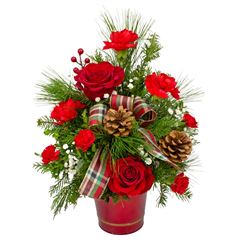 Christmas flowers with roses, carnations, baby's breath and greens for Christmas flowers delivery.